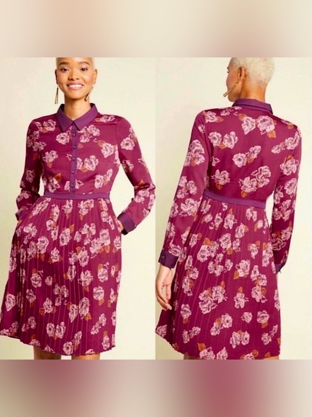 ModCloth Floral Pleated Shirt Dress Size 4 Burgundy Long Sleeve Pockets